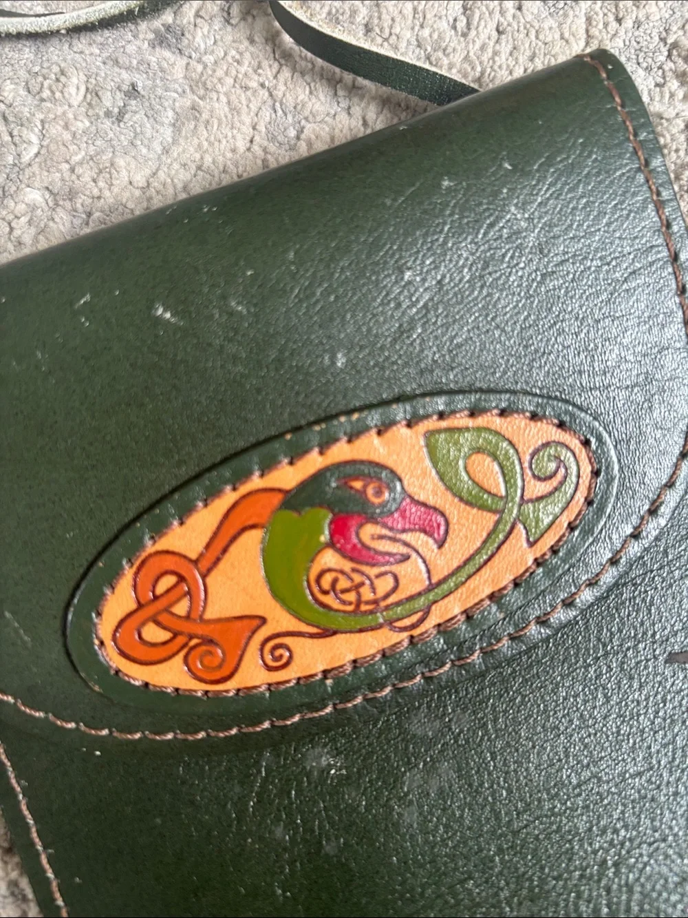 Dark Green Leather Crossbody Phone Cover with Decorative Oval Emblem
